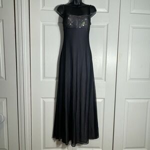 Vintage Cache‎ 90s Chiffon Overlay Gown Junior 5 Black Sequin Empire Waist Prom